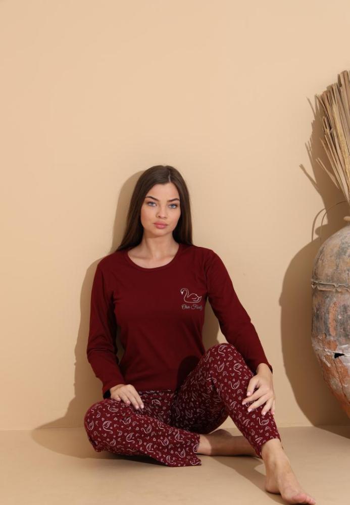 Pijama Dama „Our Family ,Pantaloni si Maneca Lunga,Culoare Visiniu,Engros